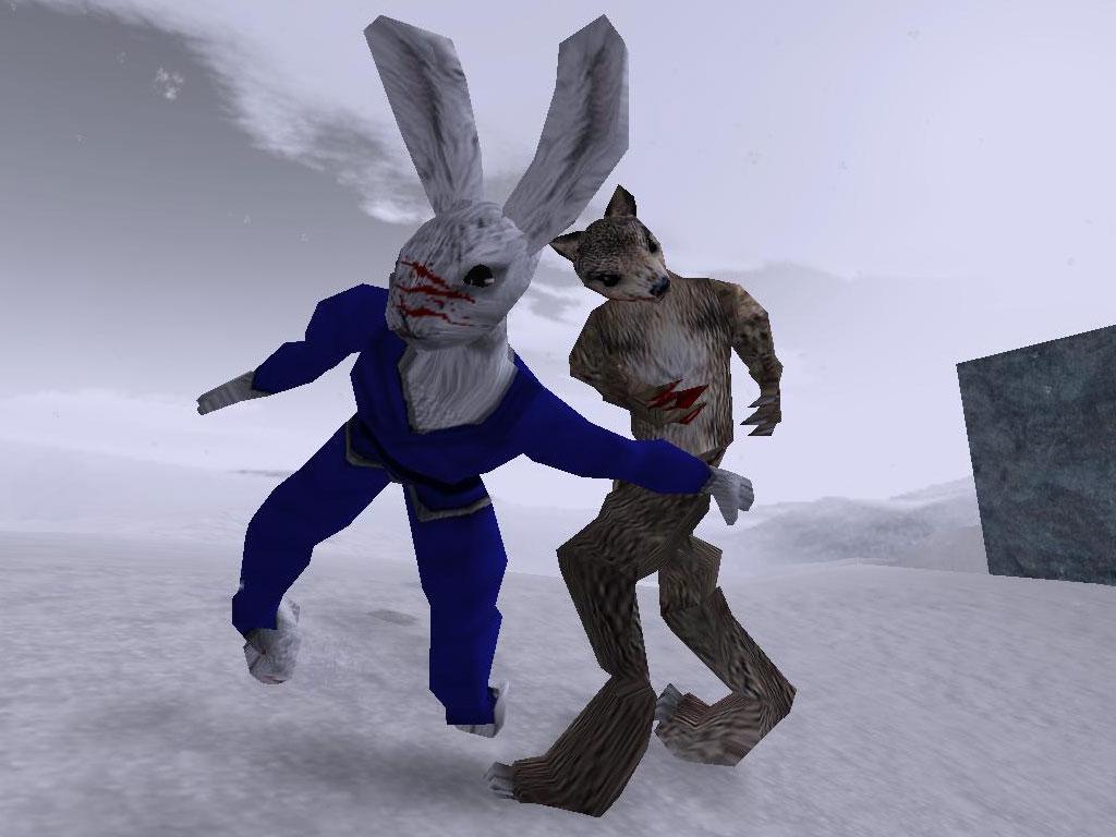 Lugaru: a blue-clad white rabbit with a bloodied face fights a brown wolf on a snowy plain beside a stone block.