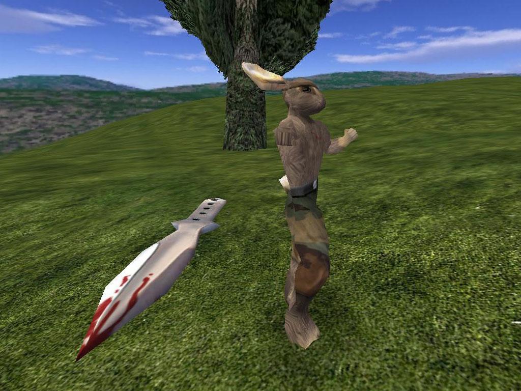 Lugaru: a brown rabbit stands on a grassy hill beneath a large tree, with a bloodstained knife lying in the grass.