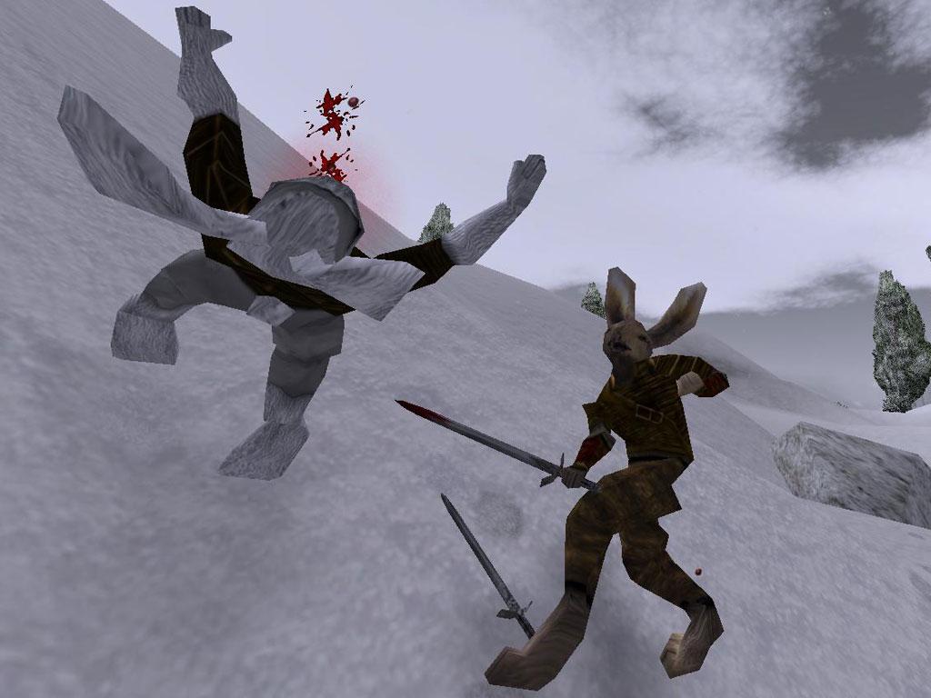 Lugaru: a rabbit with a sword stands on a snowy slope as a white rabbit tumbles through the air, spraying blood.