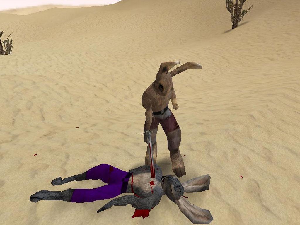 Lugaru: a brown rabbit stands over a fallen gray rabbit in purple trousers on desert sand, a sword through its chest.