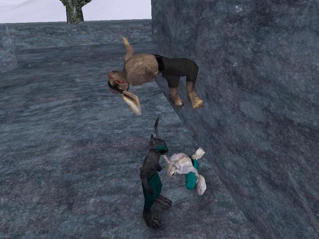 Lugaru: a masked rabbit flips through the air beside a stone wall above a dark rabbit and a white rabbit in teal.