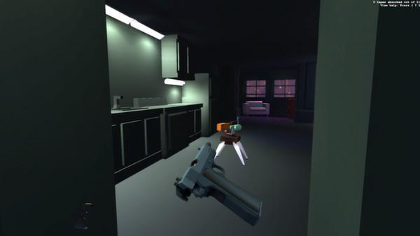Receiver: first-person view of a pistol in a dark kitchen doorway, with a small wheeled tripod drone on the floor ahead.