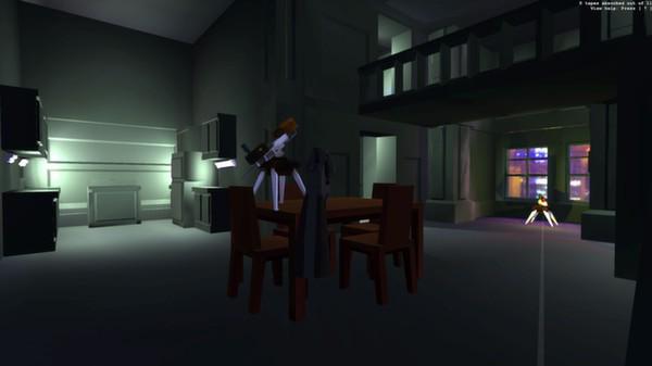 Receiver: a dim room with a dining table and chairs, and a small tripod turret standing near the kitchen counters.