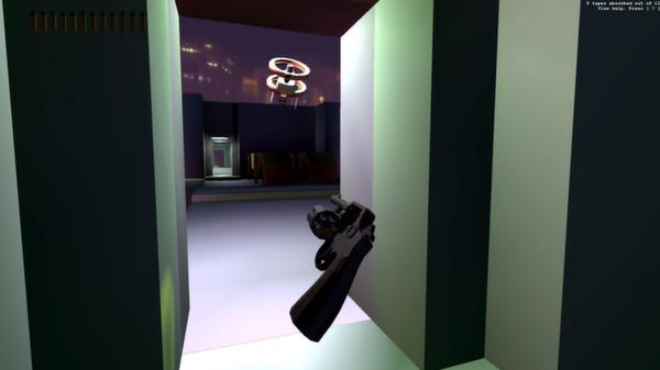 Receiver: first-person view of a revolver beside a doorway, with a hovering ring-shaped drone in a dark room beyond.